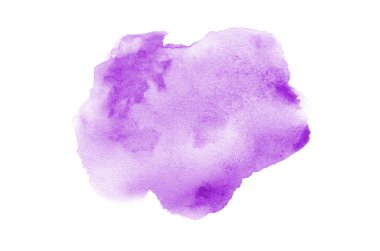Beyaz üzerine izole edilmiş, sıvı bir kova boyası ile soyut suluboya arka plan görüntüsü. Mor tonları