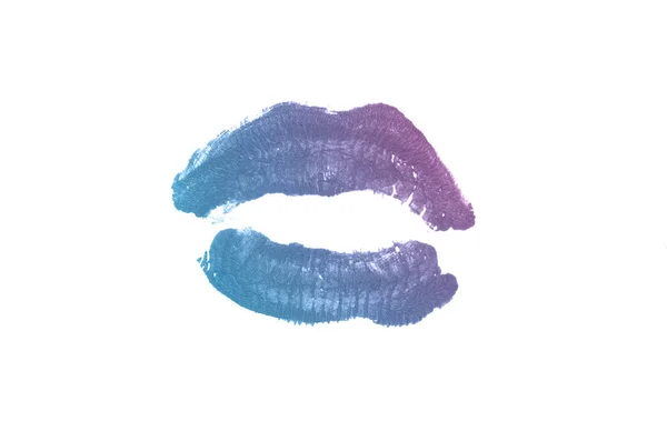 彩色口红亲吻标记在白色背景 美丽的嘴唇孤立在白色 热吻的明亮印记 情人节时尚元素 紫蓝色 — 图库照片