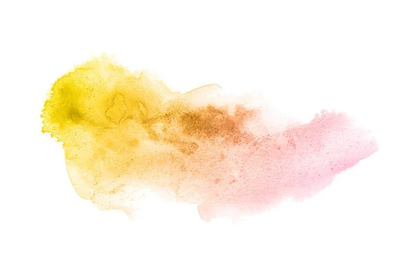 Imagem de fundo aquarela abstrata com um respingo líquido de tinta aquarelle, isolado em branco. Tons rosa e amarelo — Fotografia de Stock