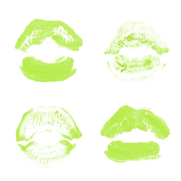 Lábios femininos batom beijo imprimir definido para dia dos namorados isolado no branco. Cor verde claro — Fotografia de Stock