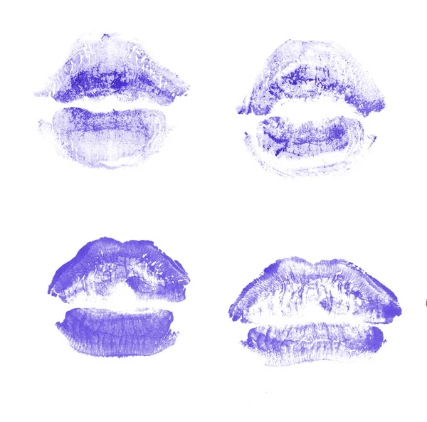 Weibliche Lippen Lippenstift-Kuss-Print-Set für den Valentinstag isoliert auf weiß. violette Farbe — Stockfoto