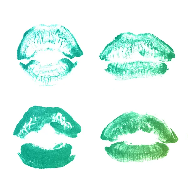 Lábios femininos batom beijo imprimir definido para dia dos namorados isolado no branco. Cor esmeralda — Fotografia de Stock