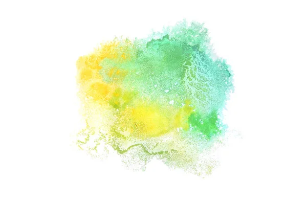Abstraktes Aquarell-Hintergrundbild mit einem flüssigen Spritzer Aquarellfarbe, isoliert auf weißem Grund. Pastelltöne grün und gelb — Stockfoto