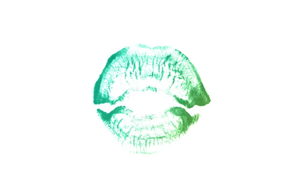 Segno di bacio rossetto su sfondo bianco. Belle labbra isolate. Colore smeraldo — Foto Stock