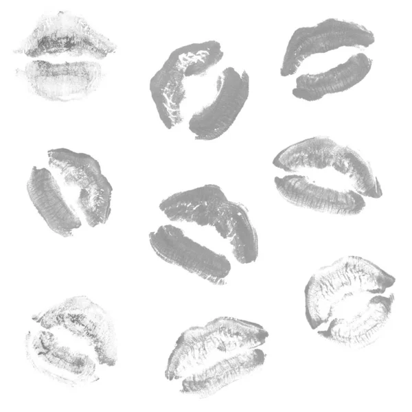 Kvinnliga läppar läppstift Kiss Print set för alla hjärtans dag isolerad på vitt. Grå färg — Stockfoto