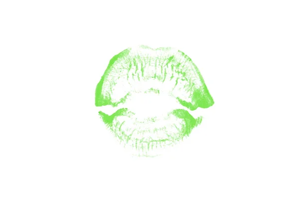 Segno di bacio rossetto su sfondo bianco. Belle labbra isolate. Colore verde — Foto Stock