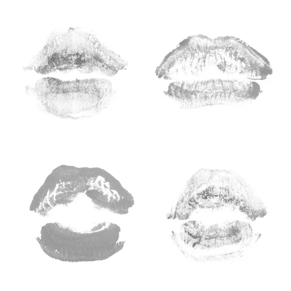 Lábios femininos batom beijo imprimir definido para dia dos namorados isolado no branco. Cor cinza — Fotografia de Stock