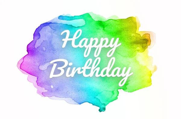 Abstract watercolor background image with a liquid splatter of aquarelle paint. Rainbow tones. Happy birthday — Stock Photo, Image