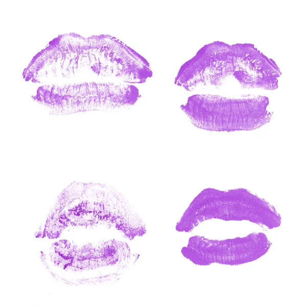 Kvinnliga läppar läppstift Kiss Print set för alla hjärtans dag isolerad på vitt. Lila färg — Stockfoto
