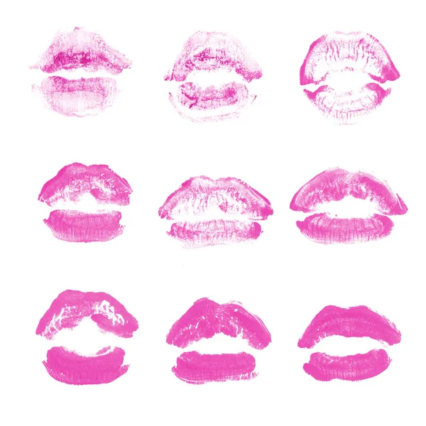 Rossetto labbra femminili set stampa bacio per San Valentino isolato su bianco. Colore rosa — Foto Stock