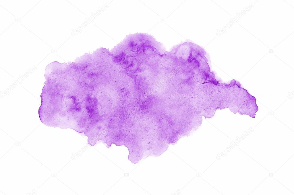 Abstract watercolor background image with a liquid splatter of aquarelle paint, isolated on white. Purple tones