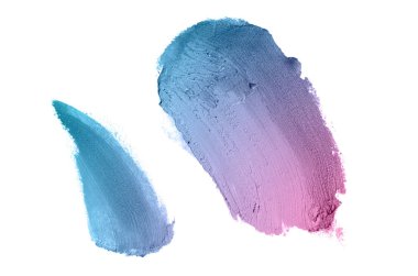 Smear ve ruj veya akrilik boya beyaz arka plan üzerinde izole doku. Lipgloss veya sıvı oje leke örneği inme. Güzellik kozmetik tasarım için eleman. Mor mavi renk