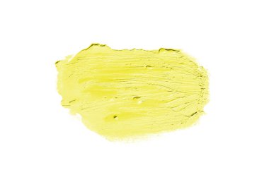 Smear ve ruj veya akrilik boya beyaz arka plan üzerinde izole doku. Lipgloss veya sıvı oje leke örneği inme. Güzellik kozmetik tasarım için eleman. Sarı renk