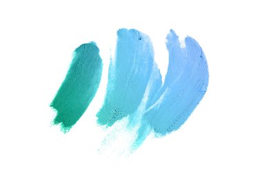 Beyaz arka planda izole edilmiş ruj ya da akrilik boya lekesi. Dudak parlatıcısı ya da sıvı tırnak cilası örneği. Güzellik kozmetik tasarımı için bir element. Turkuaz mavi renk