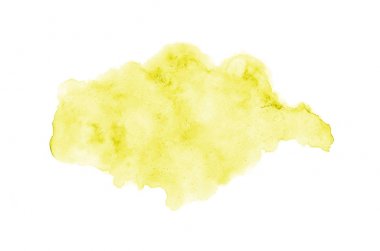 Beyaz üzerine izole edilmiş, sıvı bir kova boyası ile soyut suluboya arka plan görüntüsü. Sarı tonları