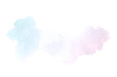 Beyaz üzerine izole edilmiş, sıvı bir kova boyası ile soyut suluboya arka plan görüntüsü. Pembe ve mavi pastel tonları