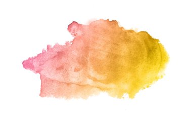 Beyaz üzerine izole edilmiş, sıvı bir kova boyası ile soyut suluboya arka plan görüntüsü. Pembe ve sarı tonları