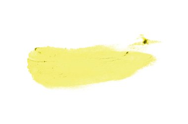 Smear ve ruj veya akrilik boya beyaz arka plan üzerinde izole doku. Lipgloss veya sıvı oje leke örneği inme. Güzellik kozmetik tasarım için eleman. Sarı renk