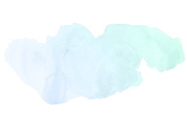 Beyaz üzerine izole edilmiş, sıvı bir kova boyası ile soyut suluboya arka plan görüntüsü. Mavi ve turkuaz pastel tonları