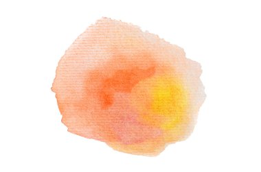 Beyaz üzerine izole edilmiş, sıvı bir kova boyası ile soyut suluboya arka plan görüntüsü. Sıcak tonları