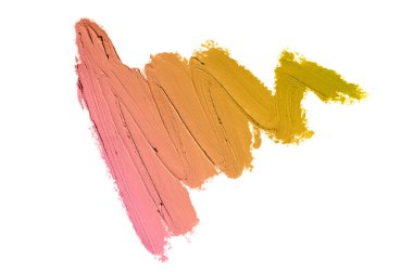 Smear ve ruj veya akrilik boya beyaz arka plan üzerinde izole doku. Lipgloss veya sıvı oje leke örneği inme. Güzellik kozmetik tasarım için eleman. Bronz renk