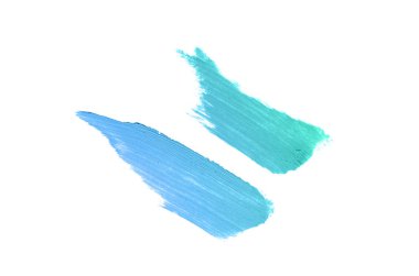 Beyaz arka planda izole edilmiş ruj ya da akrilik boya lekesi. Dudak parlatıcısı ya da sıvı tırnak cilası örneği. Güzellik kozmetik tasarımı için bir element. Turkuaz mavi renk