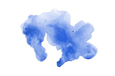 Beyaz üzerine izole edilmiş, sıvı bir kova boyası ile soyut suluboya arka plan görüntüsü. Mavi tonları