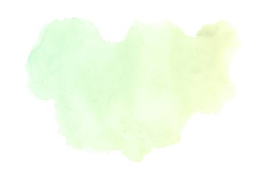 Beyaz üzerine izole edilmiş, sıvı bir kova boyası ile soyut suluboya arka plan görüntüsü. Yeşil ve sarı pastel tonları