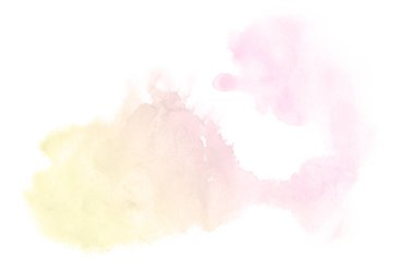 Beyaz üzerine izole edilmiş, sıvı bir kova boyası ile soyut suluboya arka plan görüntüsü. Pembe ve sarı tonları