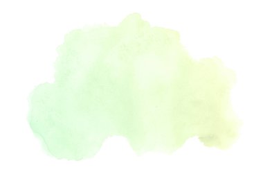 Beyaz üzerine izole edilmiş, sıvı bir kova boyası ile soyut suluboya arka plan görüntüsü. Yeşil ve sarı pastel tonları