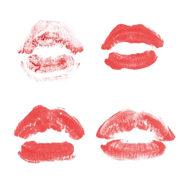 Labios femeninos beso lápiz labial conjunto de impresión para el día de San Valentín aislado en blanco. Color rojo — Foto de Stock