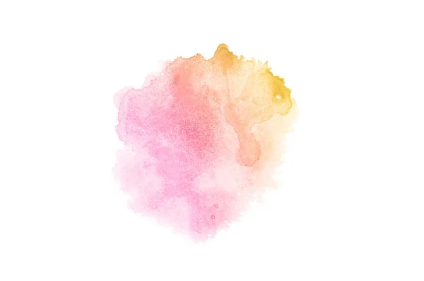 Imagen de fondo de acuarela abstracta con una salpicadura líquida de pintura acuarela, aislada en blanco. Tonos rosa y amarillo — Foto de Stock