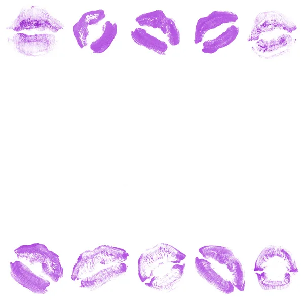 Lábios femininos batom beijo imprimir definido para dia dos namorados isolado no branco. Cor roxa — Fotografia de Stock