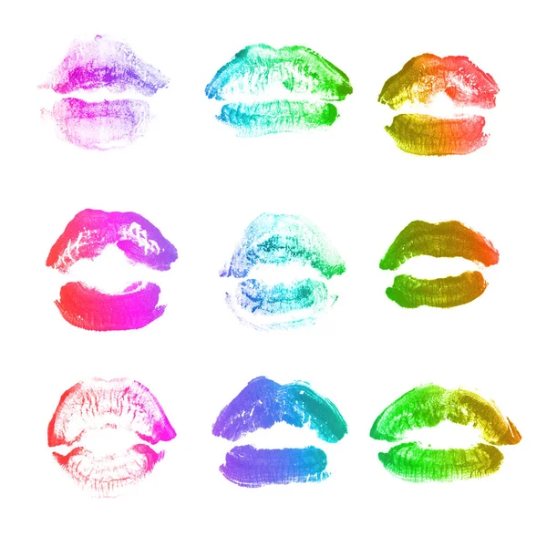 Vrouwelijke lippen lipstick kiss print set voor Valentijn dag geïsoleerd op wit. Regenboog kleur — Stockfoto