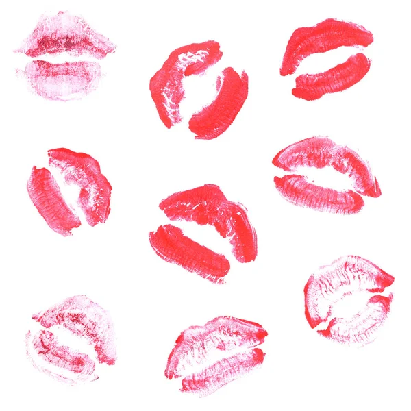 Női ajkak rúzs csók nyomtatni beállított Valentin nap izolált fehér. Bíbor szín — Stock Fotó