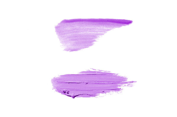 Smear and texture of lipstick or acrylic paint isolated on white background. Stroke of lipgloss or liquid nail polish swatch smudge sample. Element for beauty cosmetic design. Purple color