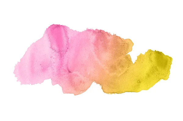 Abstrakt akvarell bakgrundsbild med en flytande splatter av akvarellfärg, isolerad på vitt. Rosa och gula toner — Stockfoto