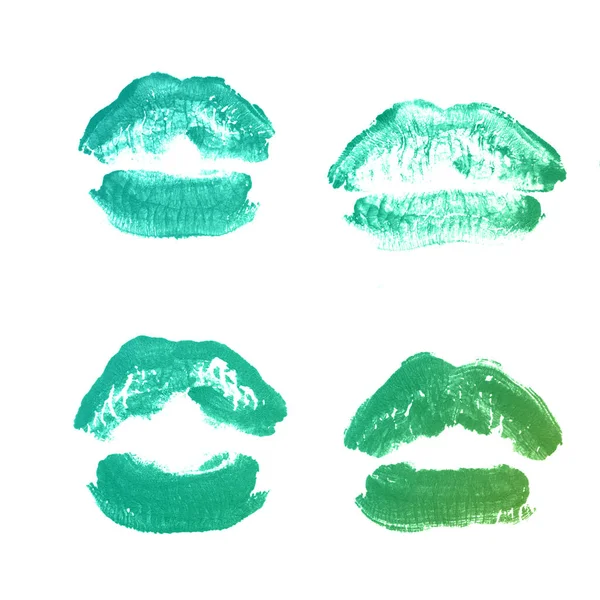 Női ajkak rúzs csók nyomtatni beállított Valentin nap izolált fehér. Smaragdszín — Stock Fotó