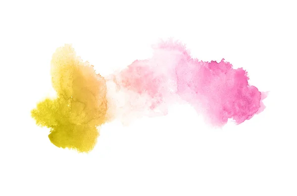 Imagem de fundo aquarela abstrata com um respingo líquido de tinta aquarelle, isolado em branco. Tons rosa e amarelo — Fotografia de Stock