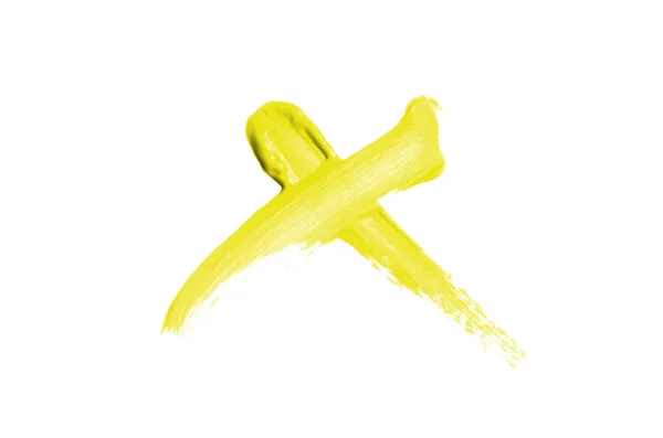 Jasna płynna pomadka rozmaz znak zaznaczenia na białym tle. Kolor żółty — Zdjęcie stockowe