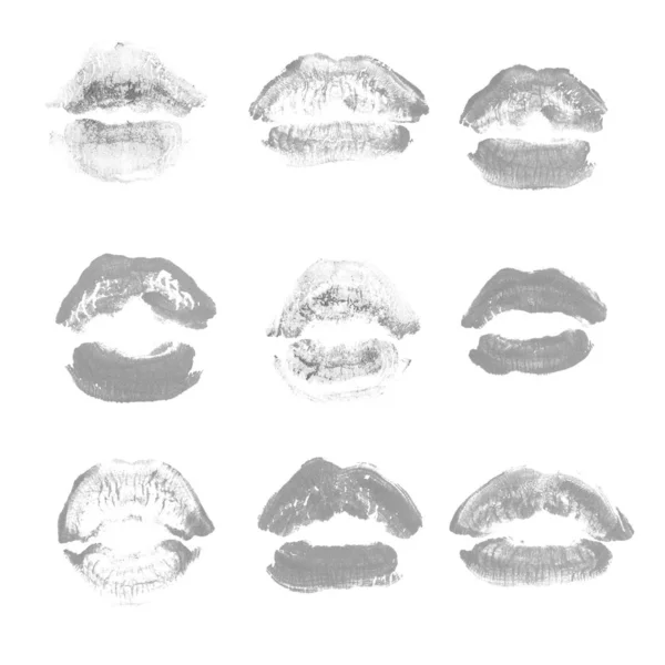 Labios femeninos beso lápiz labial conjunto de impresión para el día de San Valentín aislado en blanco. Color gris —  Fotos de Stock