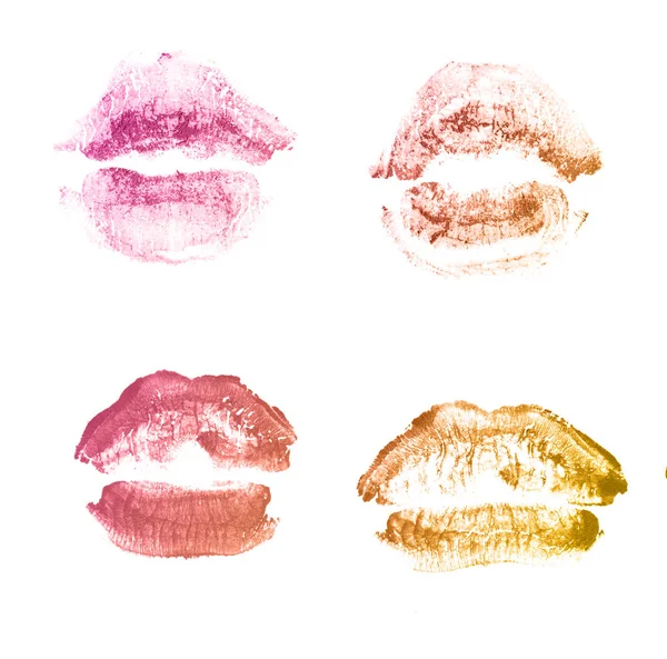 Vrouwelijke lippen lipstick kiss print set voor Valentijn dag geïsoleerd op wit. Bronzen kleur — Stockfoto