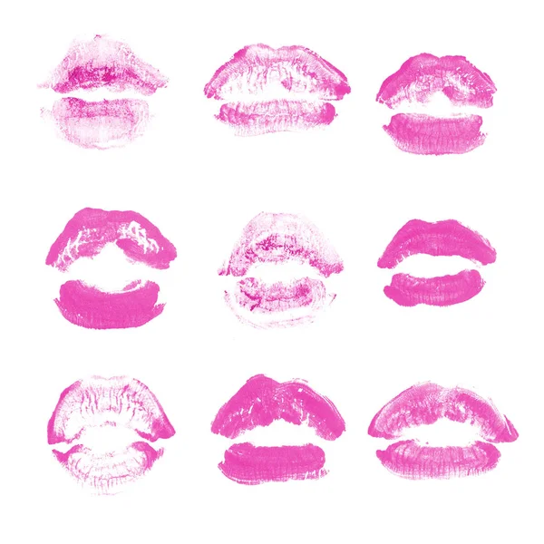 Kadın dudakları ruj öpücük baskı sevgililer günü için beyaz izole ayarlayın. Pembe renk — Stok fotoğraf