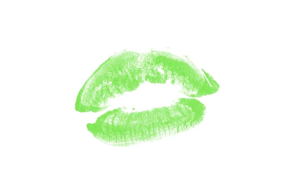 Marca de beso de lápiz labial sobre fondo blanco. Hermosos labios aislados. Color verde —  Fotos de Stock