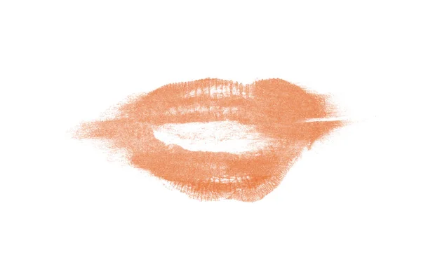 Marca de beso de lápiz labial sobre fondo blanco. Hermosos labios aislados. Color naranja —  Fotos de Stock