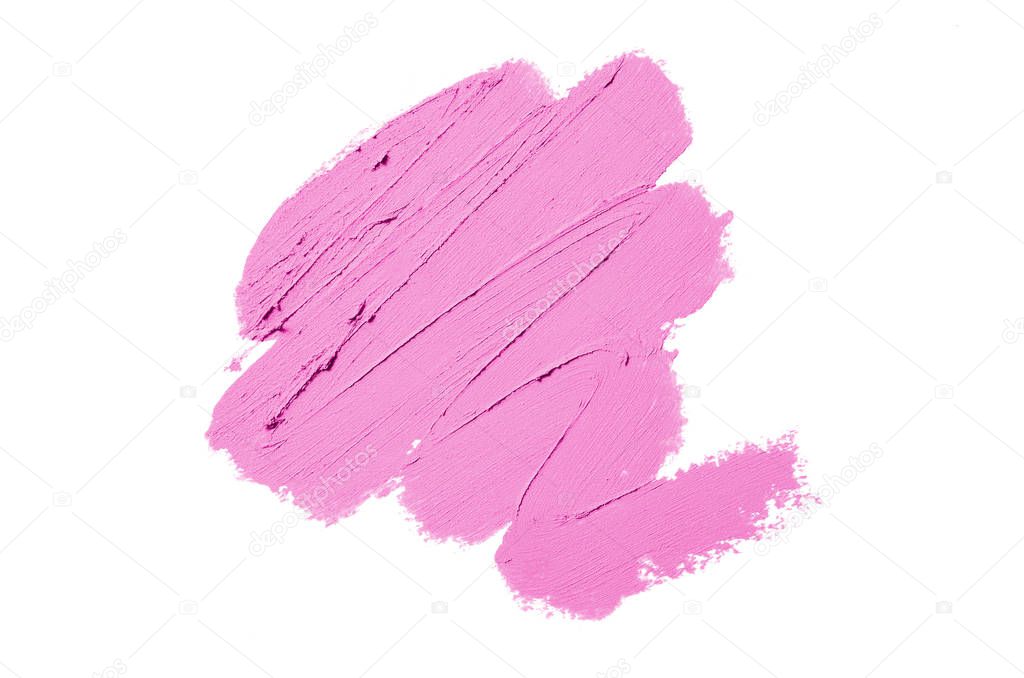 Smear and texture of lipstick or acrylic paint isolated on white background. Pink color
