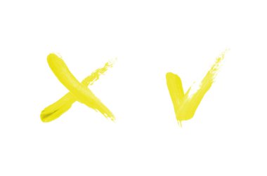 Parlak sıvı ruj yayma işareti ve çapraz beyaz arka plan üzerinde izole. Sarı renk