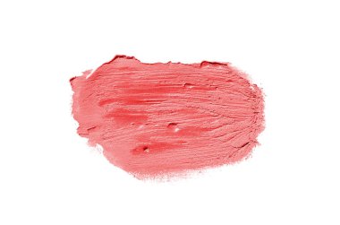 Smear ve ruj veya akrilik boya beyaz arka plan üzerinde izole doku. Lipgloss veya sıvı oje leke örneği inme. Güzellik kozmetik tasarım için eleman. Kırmızı renk