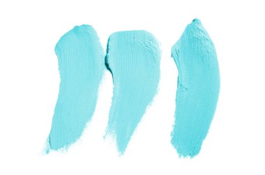 Smear ve ruj veya akrilik boya beyaz arka plan üzerinde izole doku. Lipgloss veya sıvı oje leke örneği inme. Güzellik kozmetik tasarım için eleman. Açık mavi renk