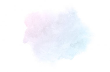 Beyaz üzerine izole edilmiş, sıvı bir kova boyası ile soyut suluboya arka plan görüntüsü. Pembe ve mavi pastel tonları